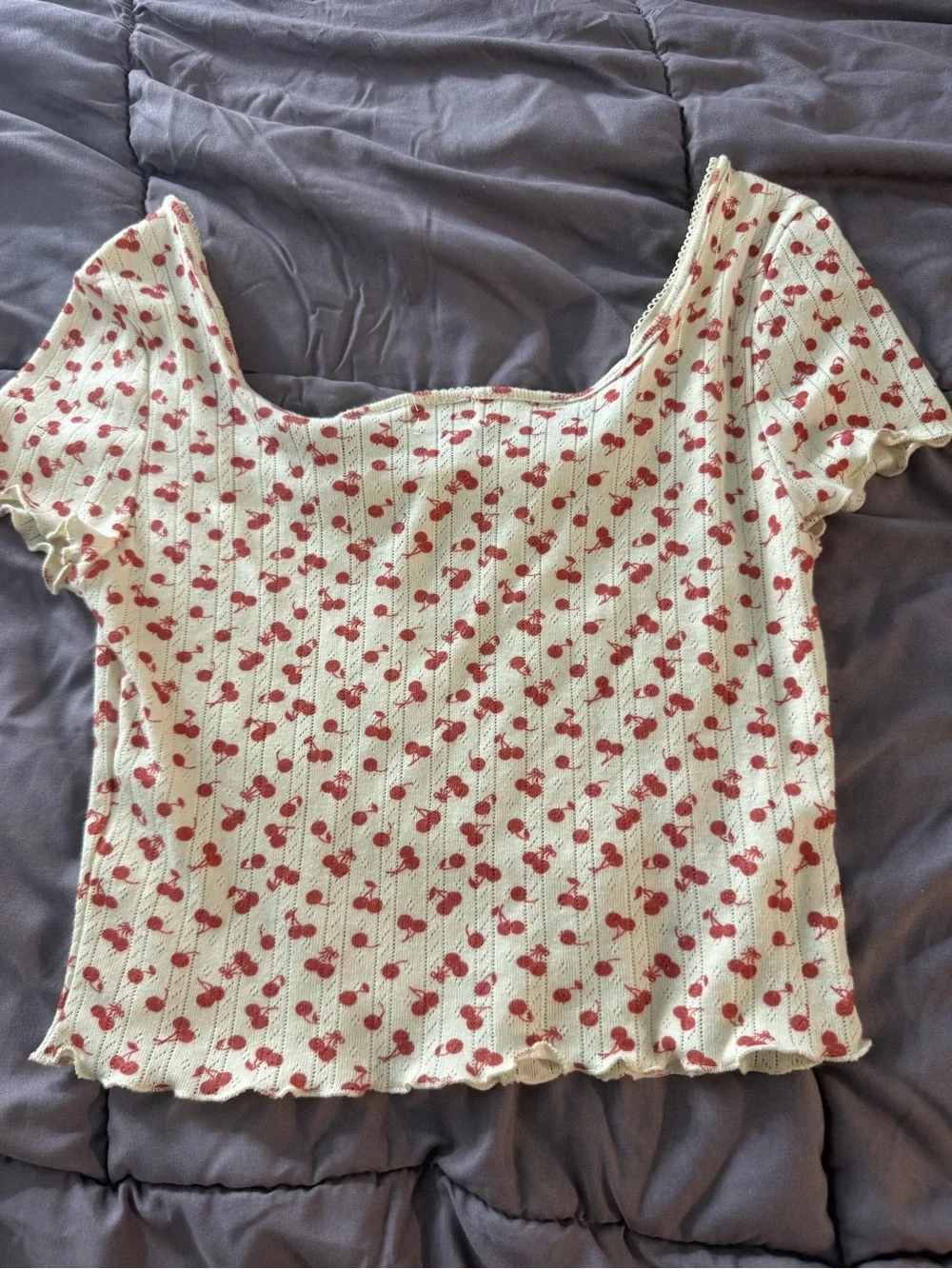 La Hearts Cream Ribbed Scoop Crop Top with Red Cherry Print